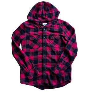TNA Red Black Plaid Hooded Flannel Shirt Jacket Button Front Cotton Size XS